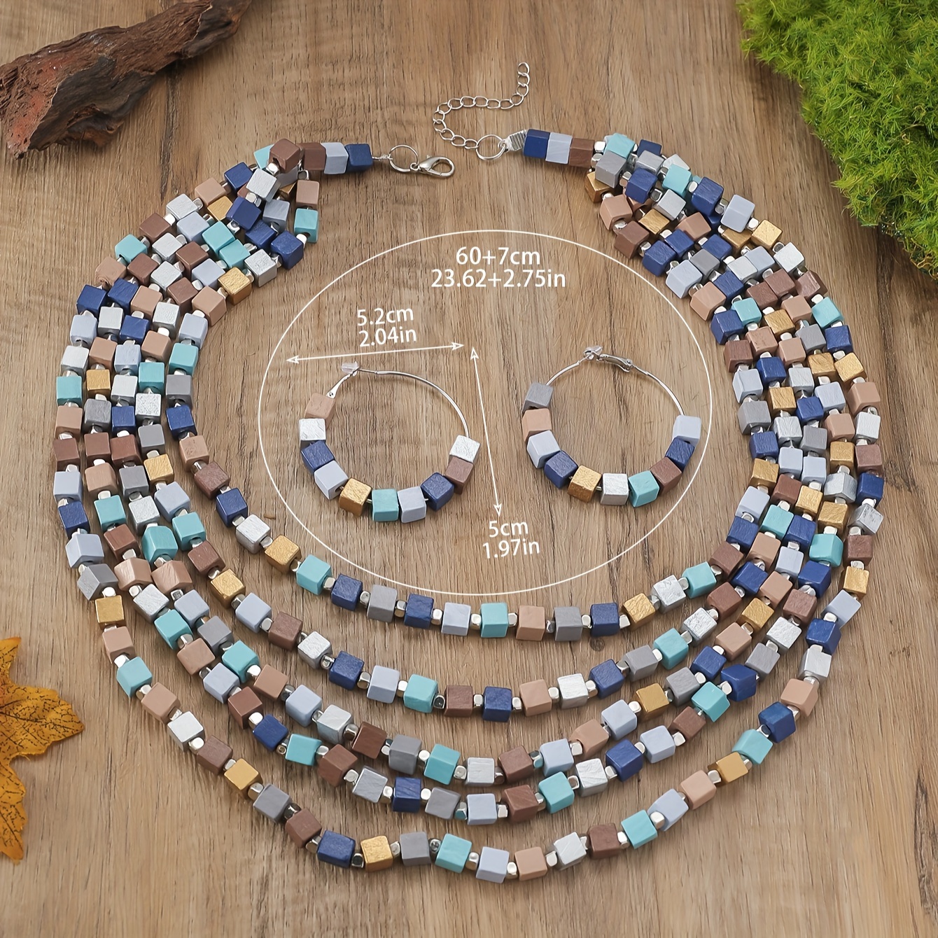 Square Bead Necklace Layer Ethnic Style Sweater Chain Earring Set